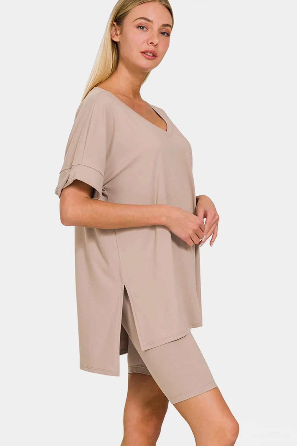 Zenana Full Size V-Neck Short Sleeve Slit T-Shirt and Shorts Set Ash Mocha