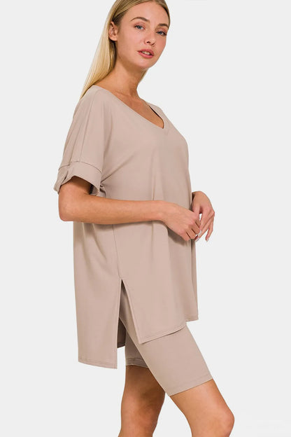 Zenana Full Size V-Neck Short Sleeve Slit T-Shirt and Shorts Set Ash Mocha