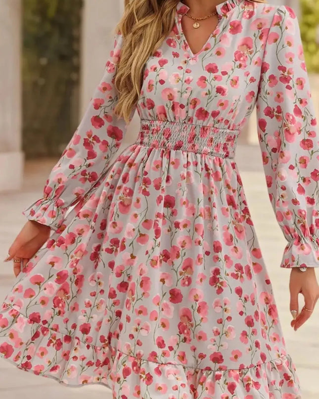 Floral Print Flounce Sleeve Ruffle Hem Dress Pink Flower