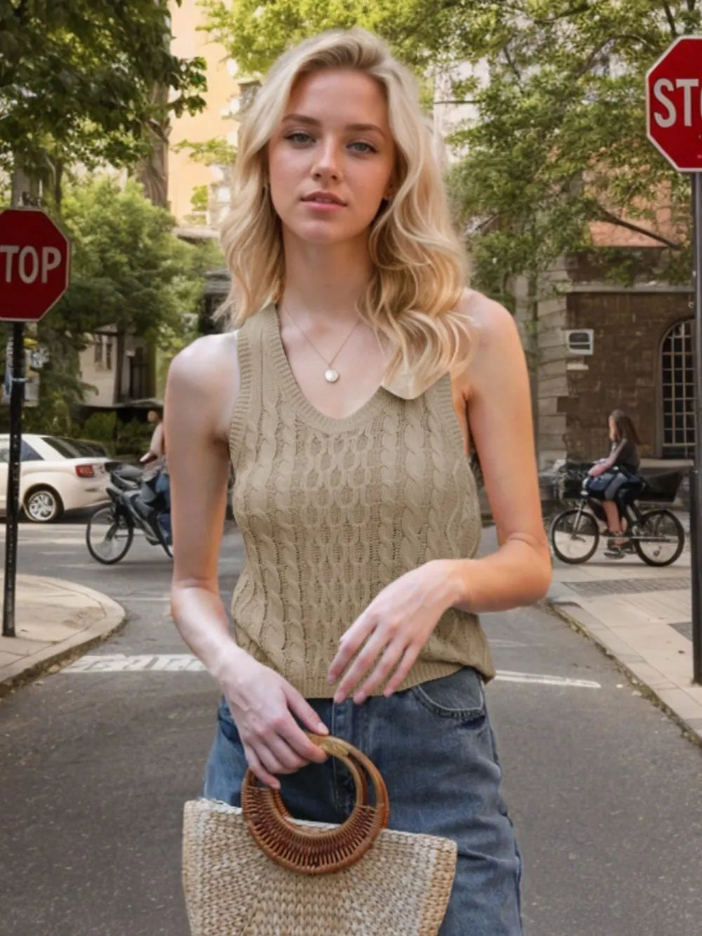 Cable-Knit V-Neck Knit Tank