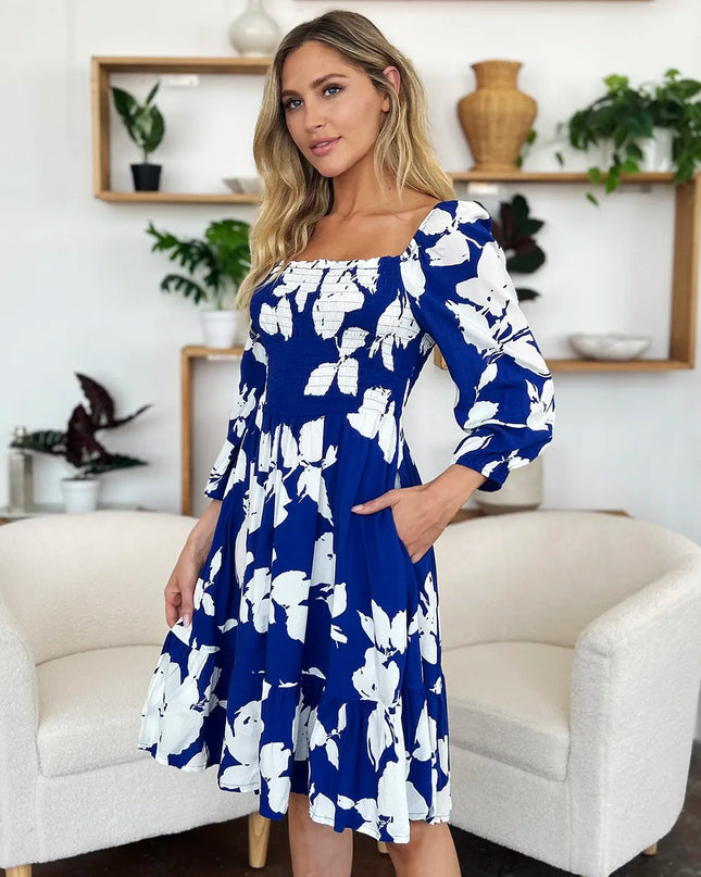 Double Take Full Size Floral Ruffle Hem Smocked Dress with Pockets