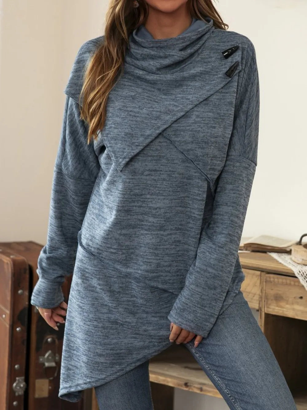 Asymmetrical Hem Cowl Neck Long Sleeve T-Shirt Dusty Blue