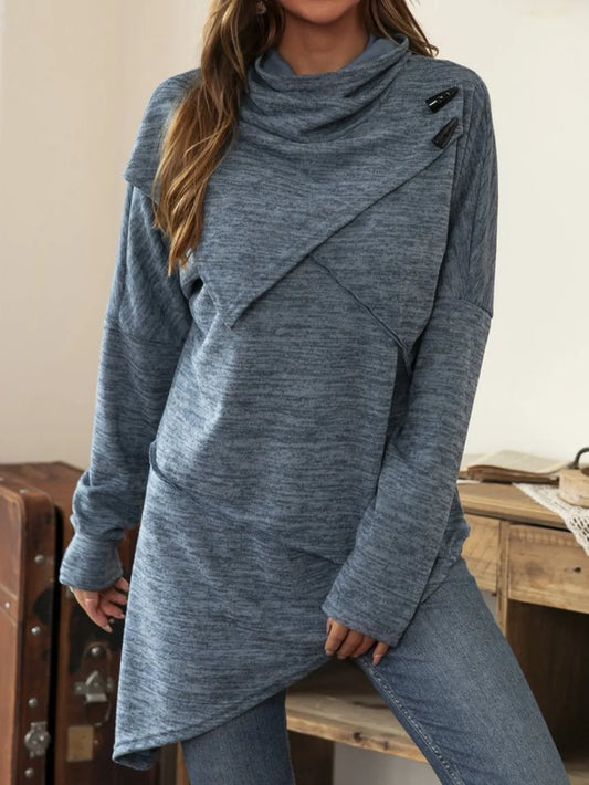 Asymmetrical Hem Cowl Neck Long Sleeve T-Shirt Dusty Blue