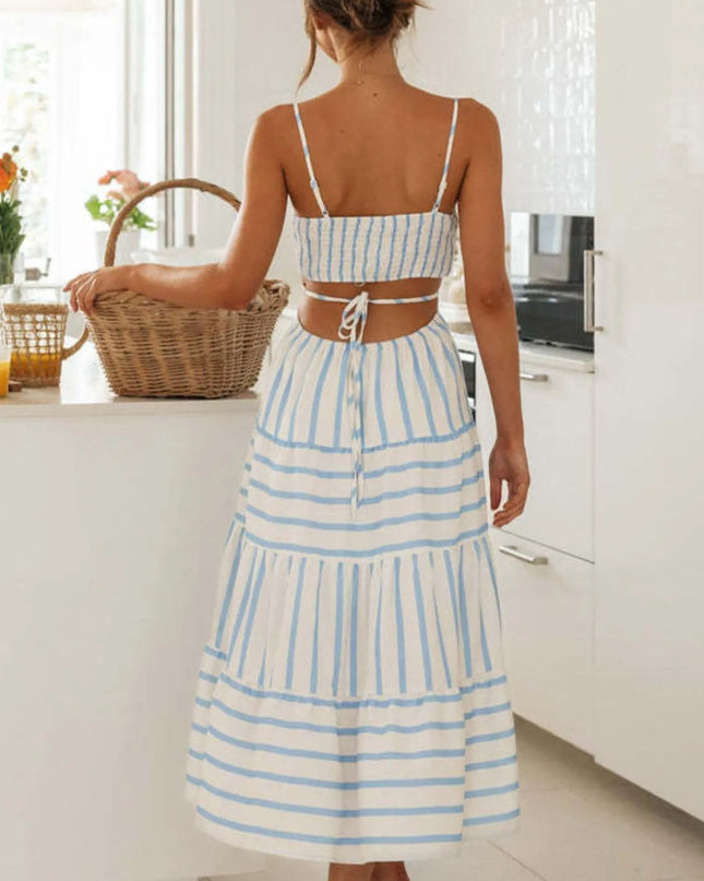 Cutout Striped Tiered Summer Midi Dress 