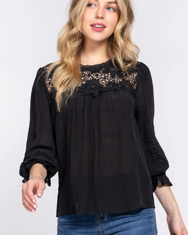 ACTIVE BASIC Crochet Lace Panel Flounce Sleeve Blouse Black