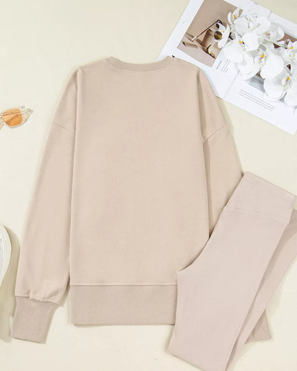 Solid Color Oversize Slit Sweatshirt and Ribbed Leggings 2pcs Set