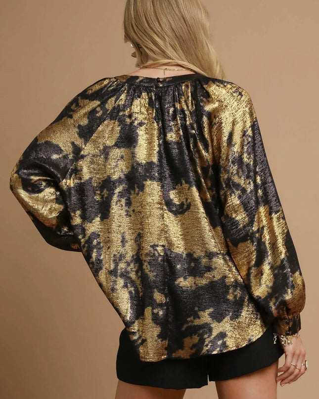 Umgee Metallic Fabric Blouse with Balloon Sleeves