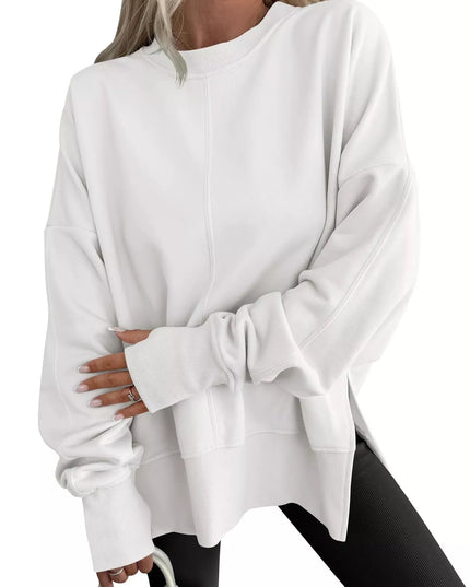 Side Slit Round Neck Long Sleeve Sweatshirt White