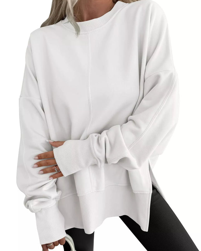 Side Slit Round Neck Long Sleeve Sweatshirt White