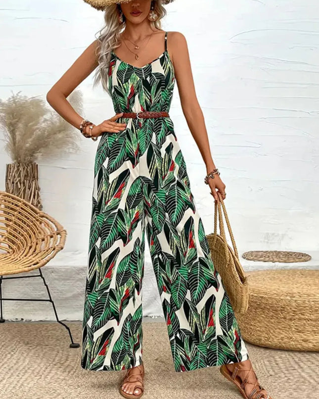 Tropical Print Spaghetti Strap Wide Leg Jumpsuit
