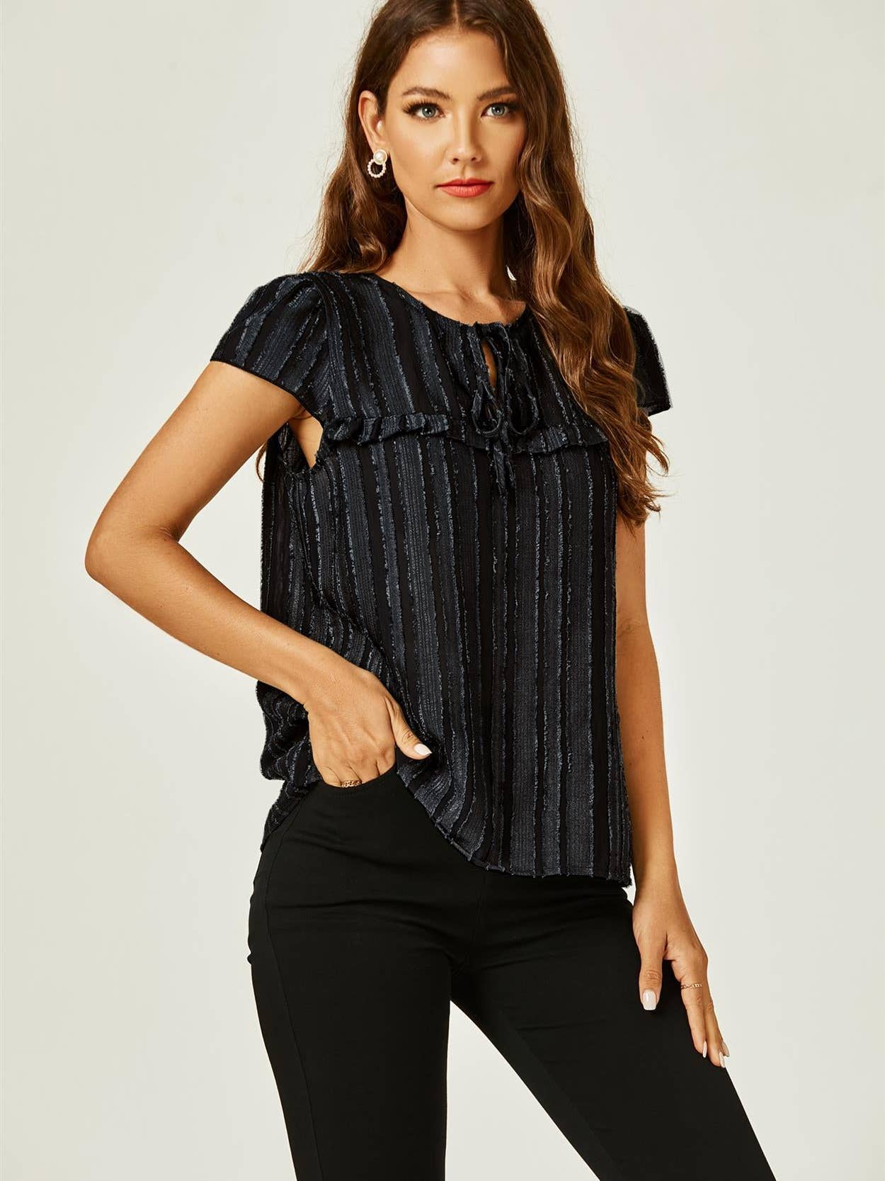 Flocked Tulle Sheer Top in Black