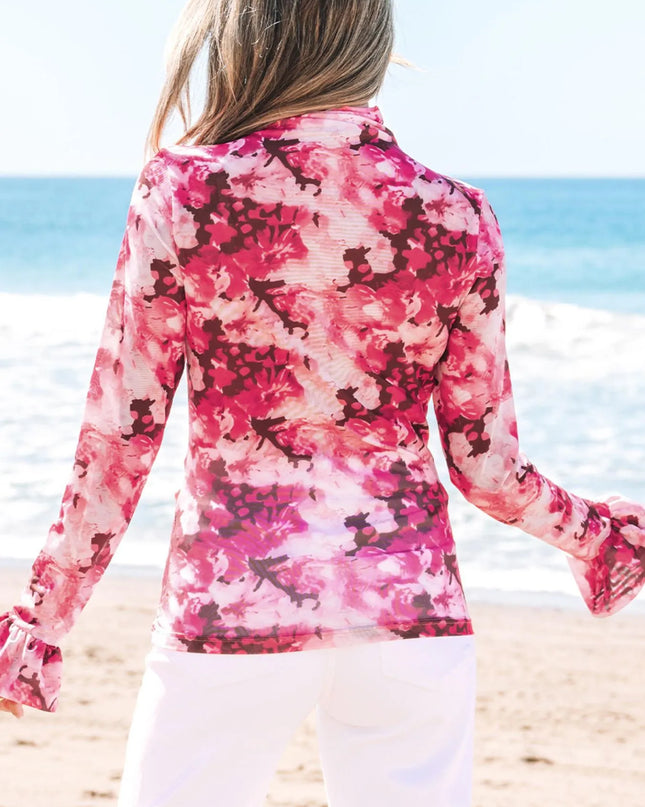 Floral Mesh Flounce Sleeve Mock Neck Blouse
