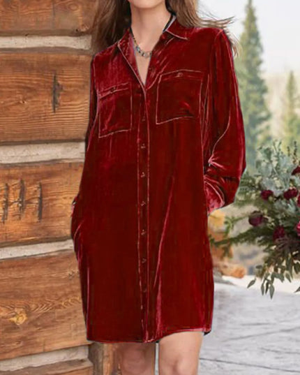 High-Low Button Up Long Sleeve Knee Length Dress