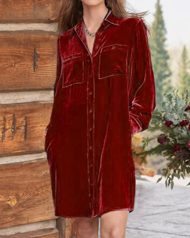 High-Low Button Up Long Sleeve Knee Length Dress