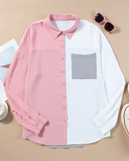 Color Block Oversized Button-Up Shirt with Chest Pocket 