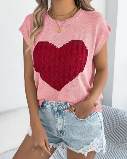 Cable Knit Heart Round Neck Cap Sleeve Knit Top