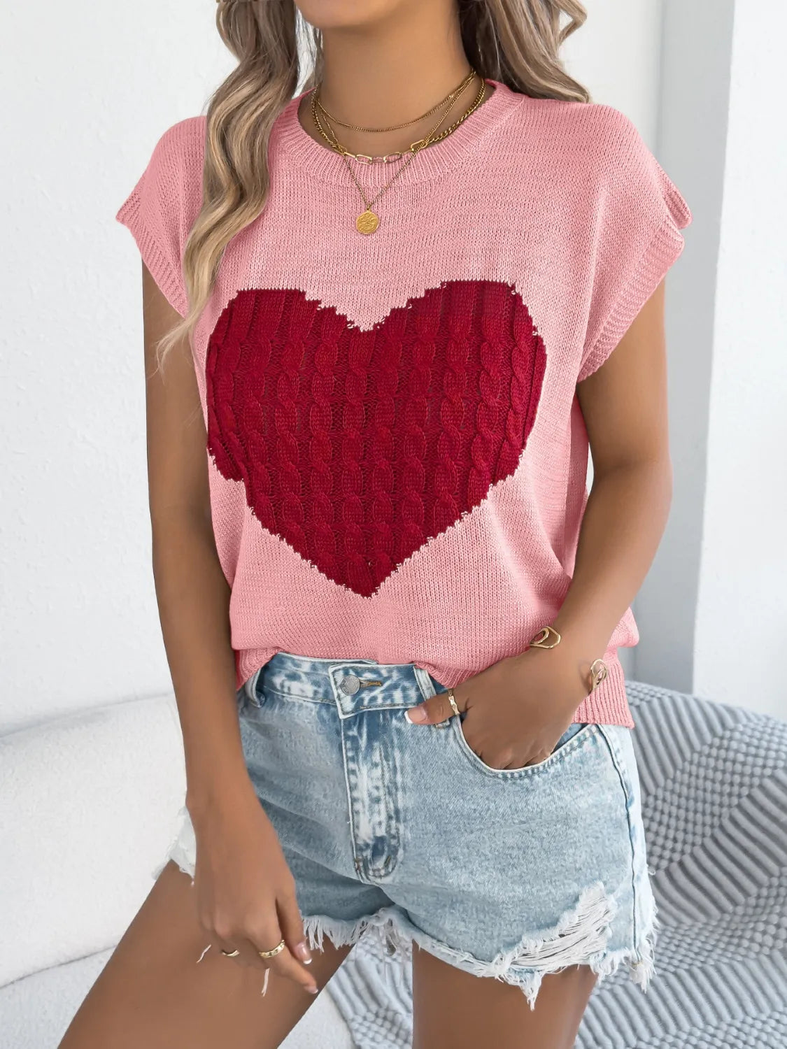 Cable Knit Heart Round Neck Cap Sleeve Knit Top