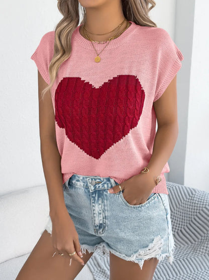 Cable Knit Heart Round Neck Cap Sleeve Knit Top