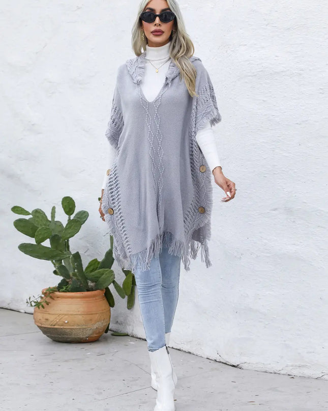 Fringe Trim Buttoned Hooded Poncho Dark Gray One Size