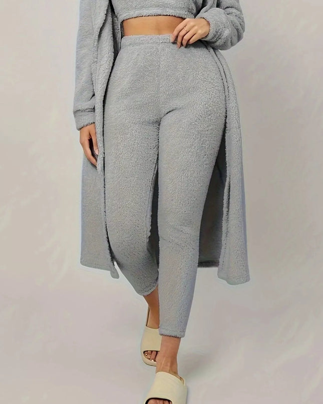 Fuzzy Tank Long Sleeve Cardigan and Pants 3-Piece Lounge Set