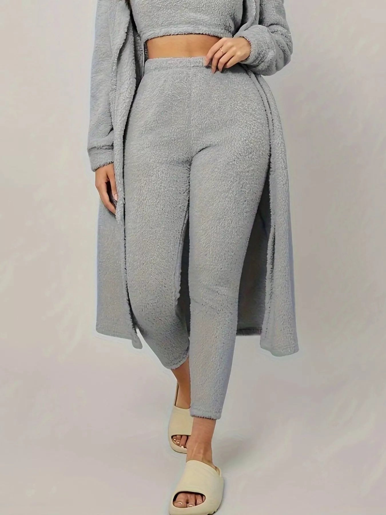 Fuzzy Tank Long Sleeve Cardigan and Pants 3-Piece Lounge Set