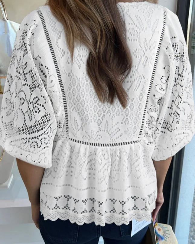 Lace Crochet Hollowed Scallop Hem V Neck Blouse