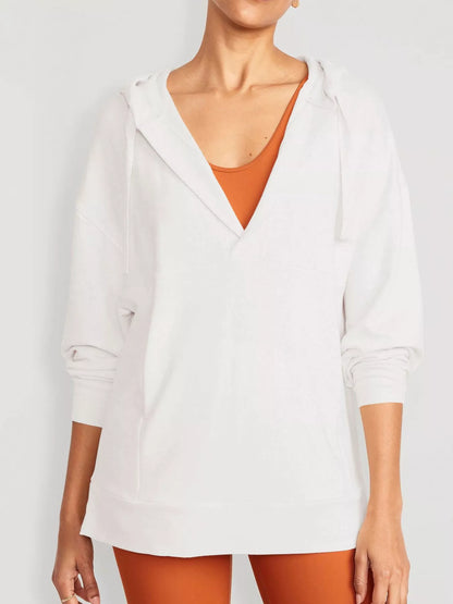 Drawstring Kangaroo Pocket Long Sleeve Hoodie Cream