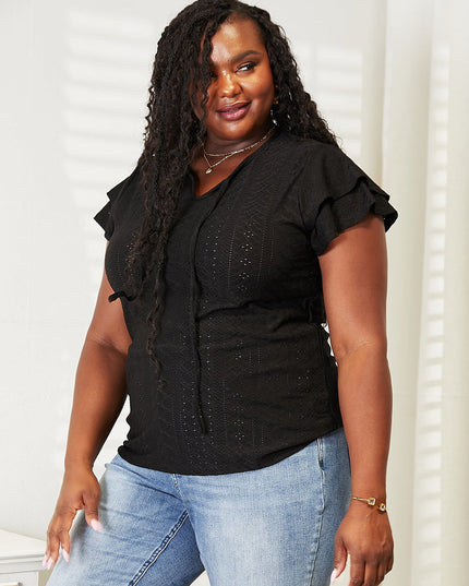 Mandy Eyelet Tie-Neck Flutter Sleeve Blouse