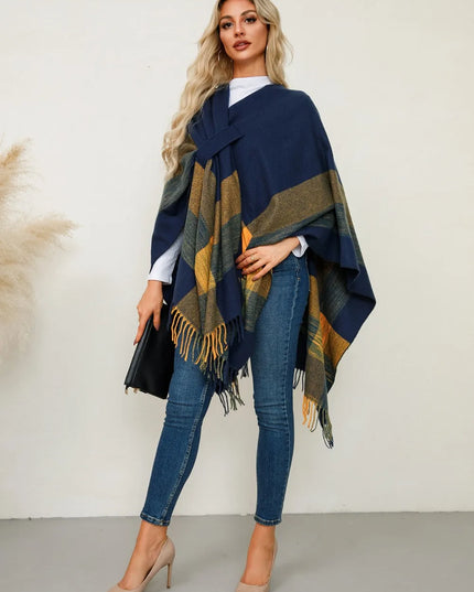 Fringe Contrast Plaid Poncho