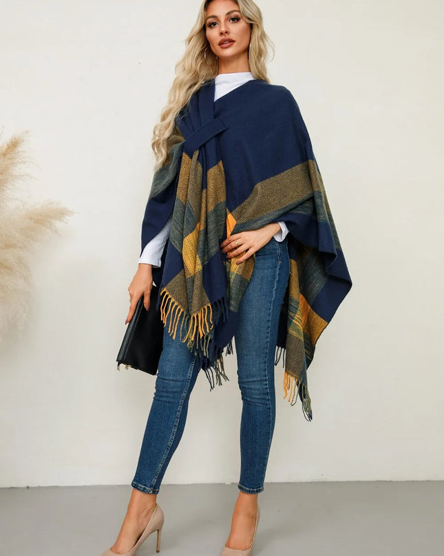 Fringe Contrast Plaid Poncho