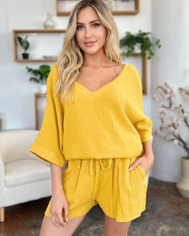 Double Take Texture Half Sleeve T-Shirt and Drawstring Shorts Set