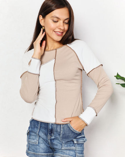 Double Take Color Block Exposed Seam Top