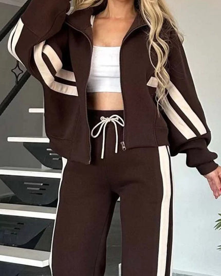 Full Size Contrast Stripe Zip Up Jacket and Pants Set Plus Size