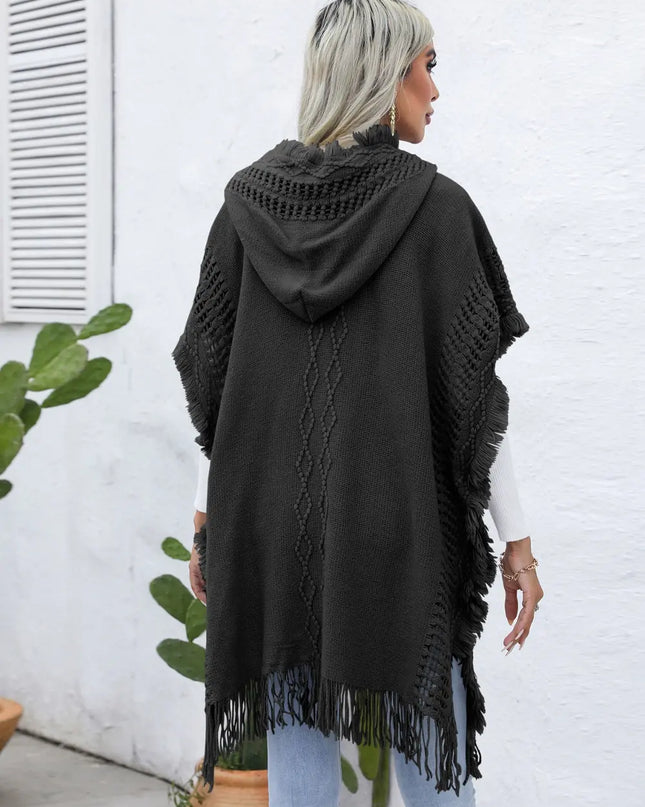 Fringe Trim Buttoned Hooded Poncho