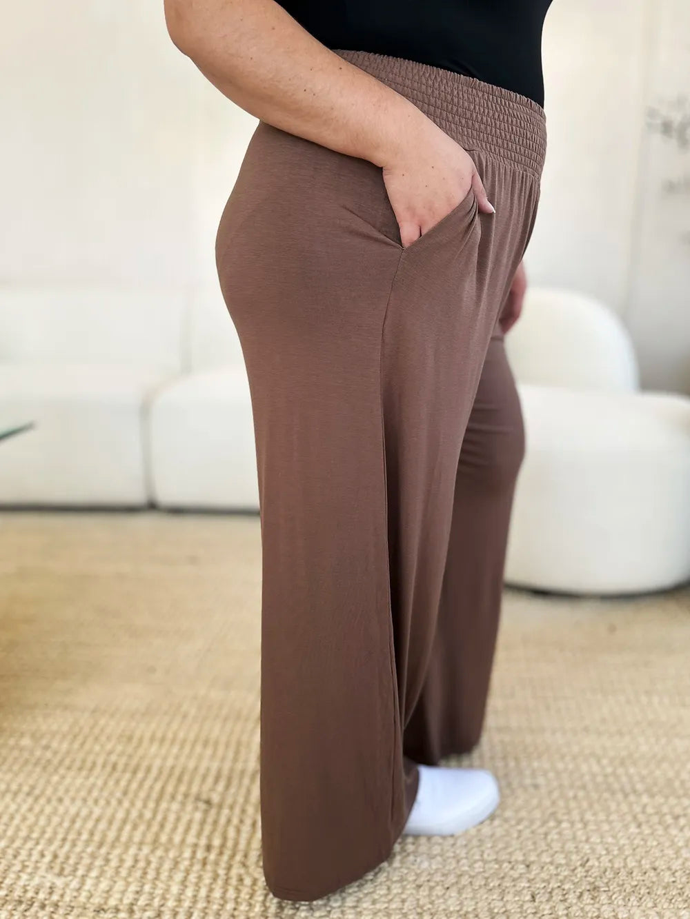 Basic Bae Full Size Smocked Wide Waistband Wide Leg Pants