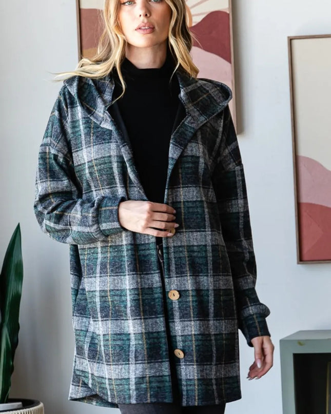 Heimish Plaid Button Down Long Sleeve Hooded Cardigan Hunter Green Multi