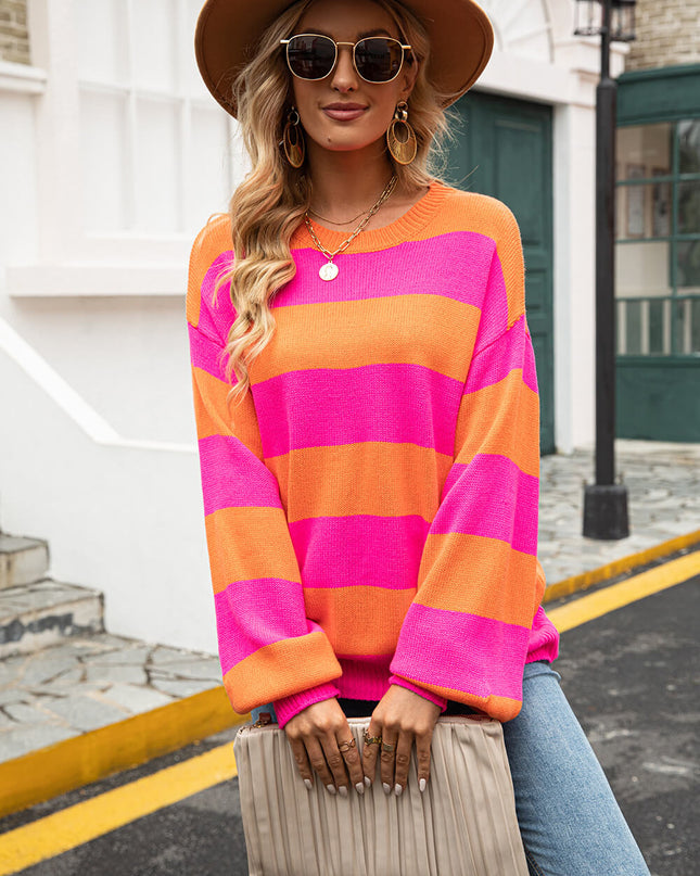 Angel Wings Striped Balloon Sleeve Knit Pullover Orange Fuchsia