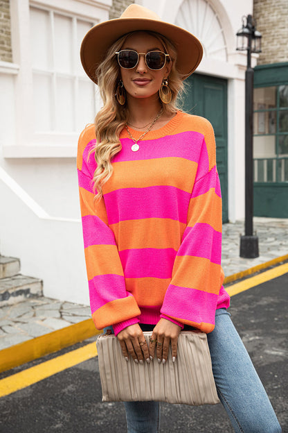 Angel Wings Striped Balloon Sleeve Knit Pullover Orange Fuchsia