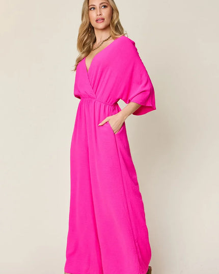 Double Take Full Size Surplice Wide Leg Jumpsuit with Pockets