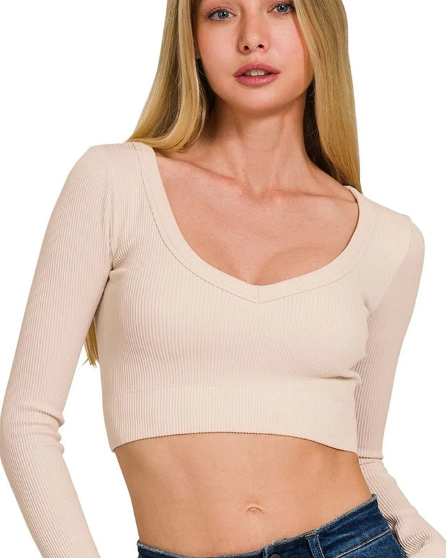 Zenana Seamless Fitted Rib V-neck Long Sleeve Crop Top 