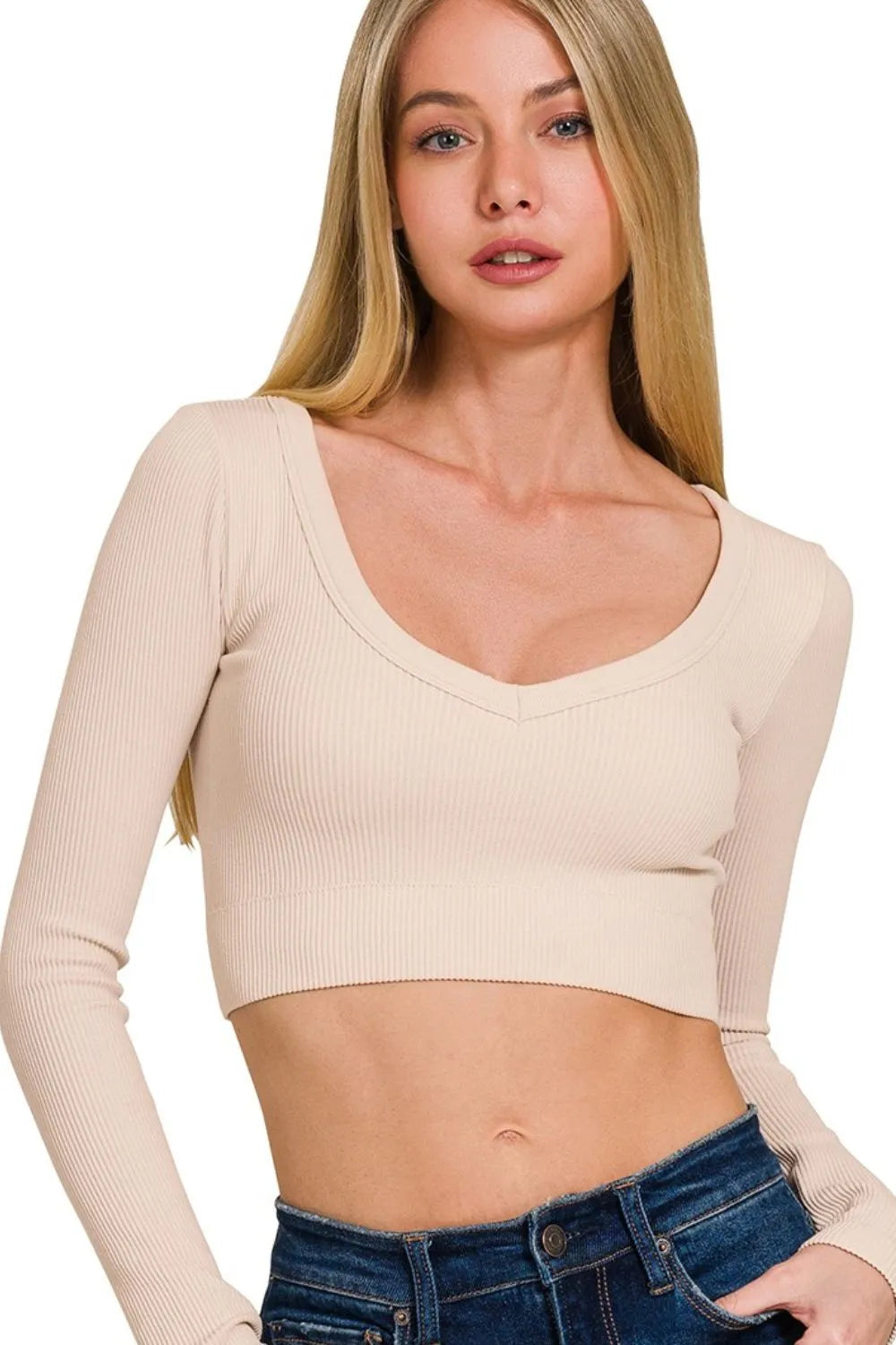 Zenana Seamless Fitted Rib V-neck Long Sleeve Crop Top 