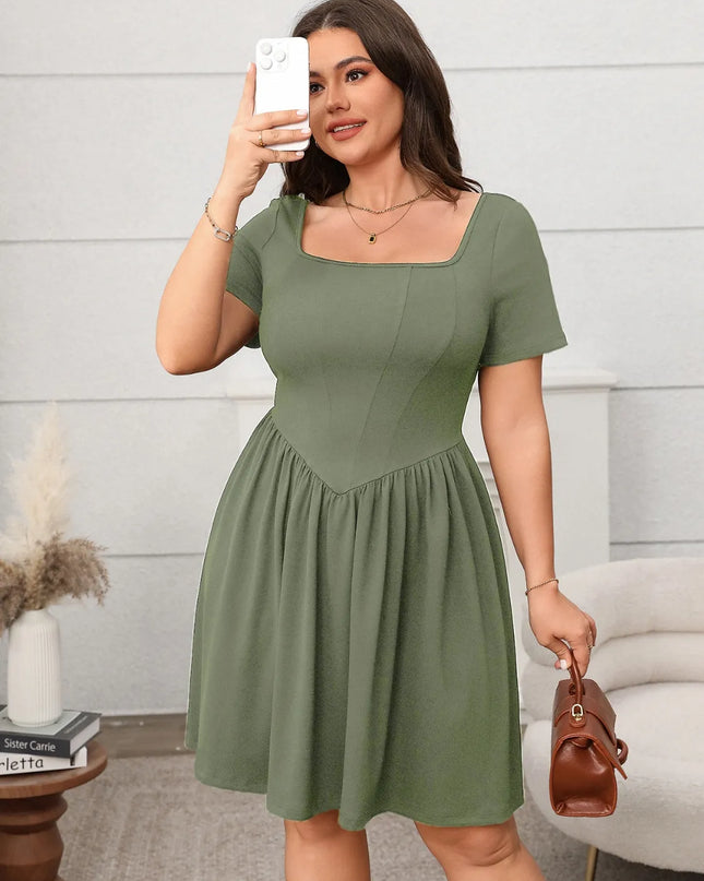 Plus Size Square Neck Short Sleeve Mini Dress
