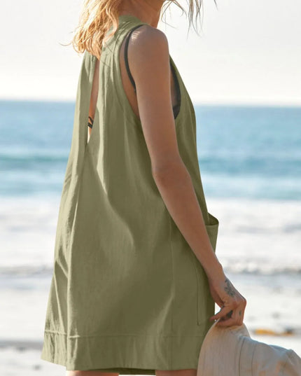 Lovelet Round Neck Sleeveless Romper with Pockets