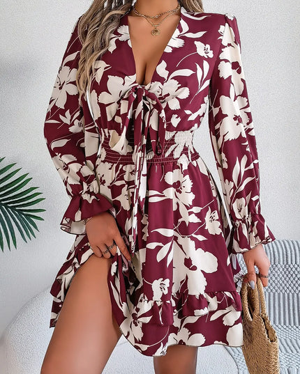 Tied Ruffled Printed Long Sleeve Dress