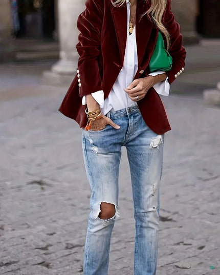 One Button Lapel Collar Long Sleeve Blazer