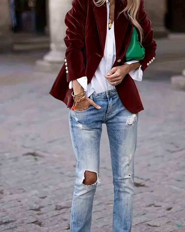 One Button Lapel Collar Long Sleeve Blazer