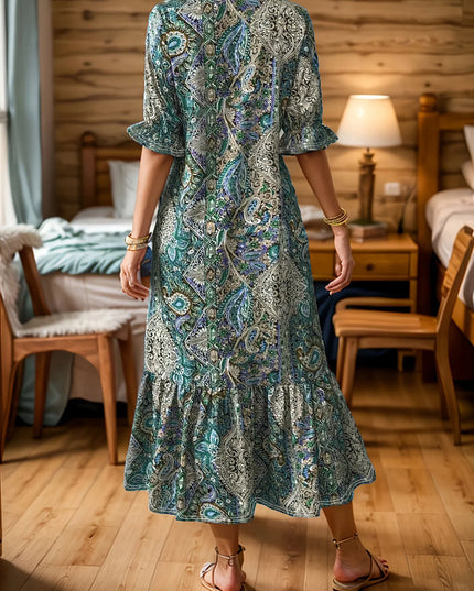 Full Size Bohemian Paisley Print Ruffle Hem Midi Dress Plus Size