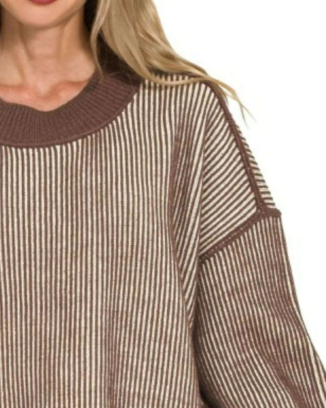 Zenana Exposed Seam Two Tone Ribbed Sweater