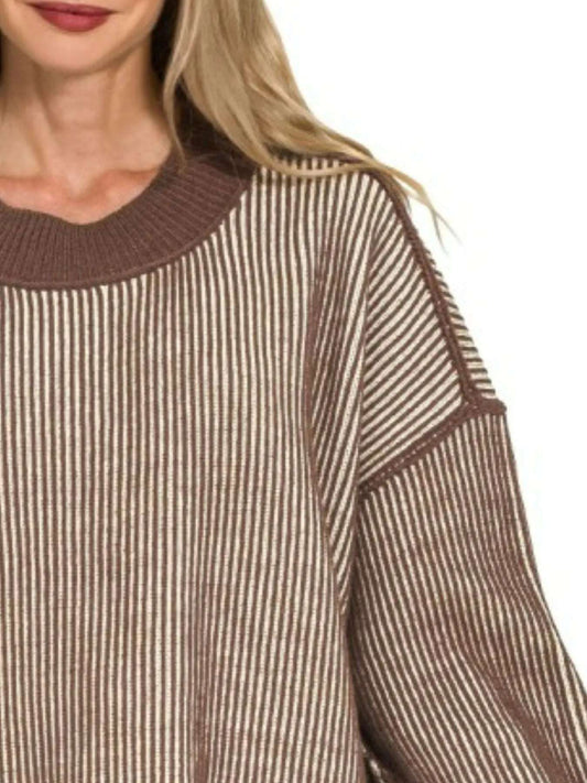 Zenana Exposed Seam Two Tone Ribbed Sweater