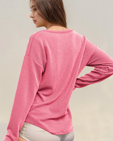 Double Take Striped Notched Long Sleeve T-Shirt